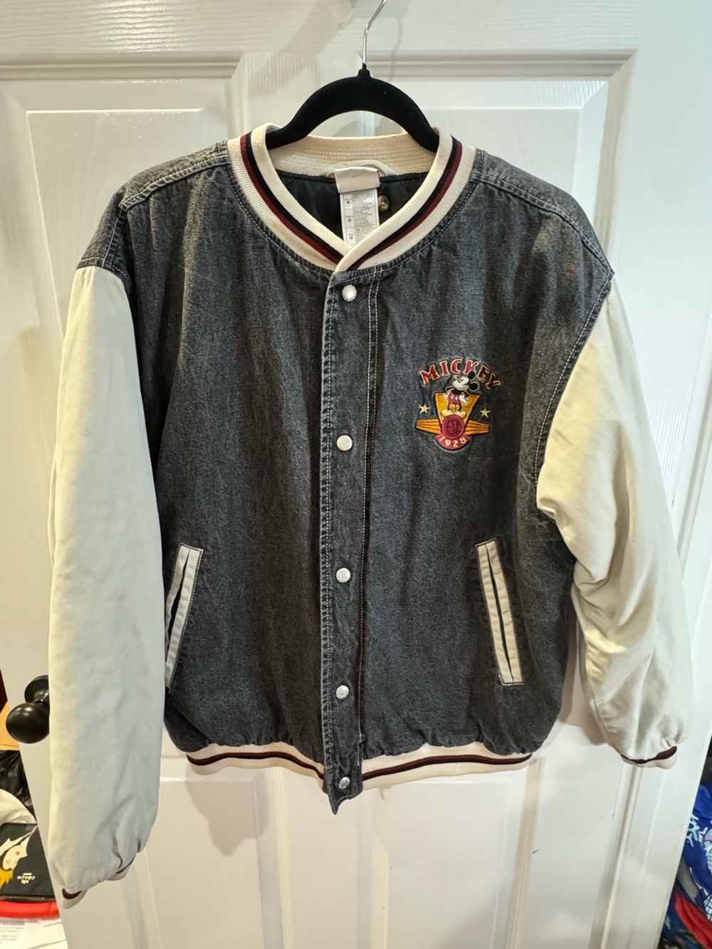 Vintage Men Mickey Mouse Denim Bomber Jacket